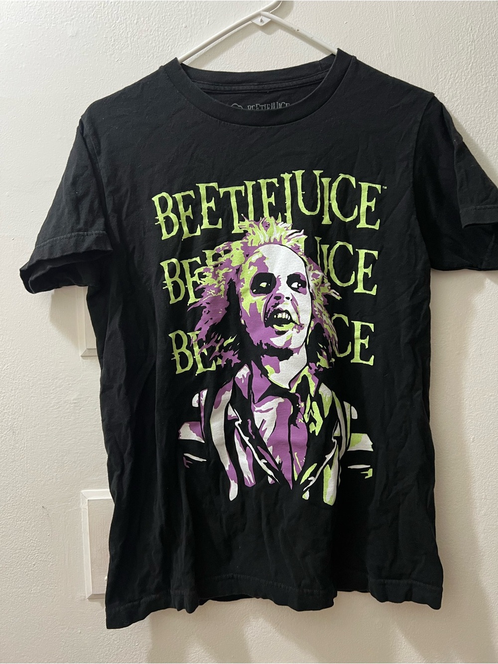 Beetlejuice Graphic Black T‑Shirt with Green and Purple Print